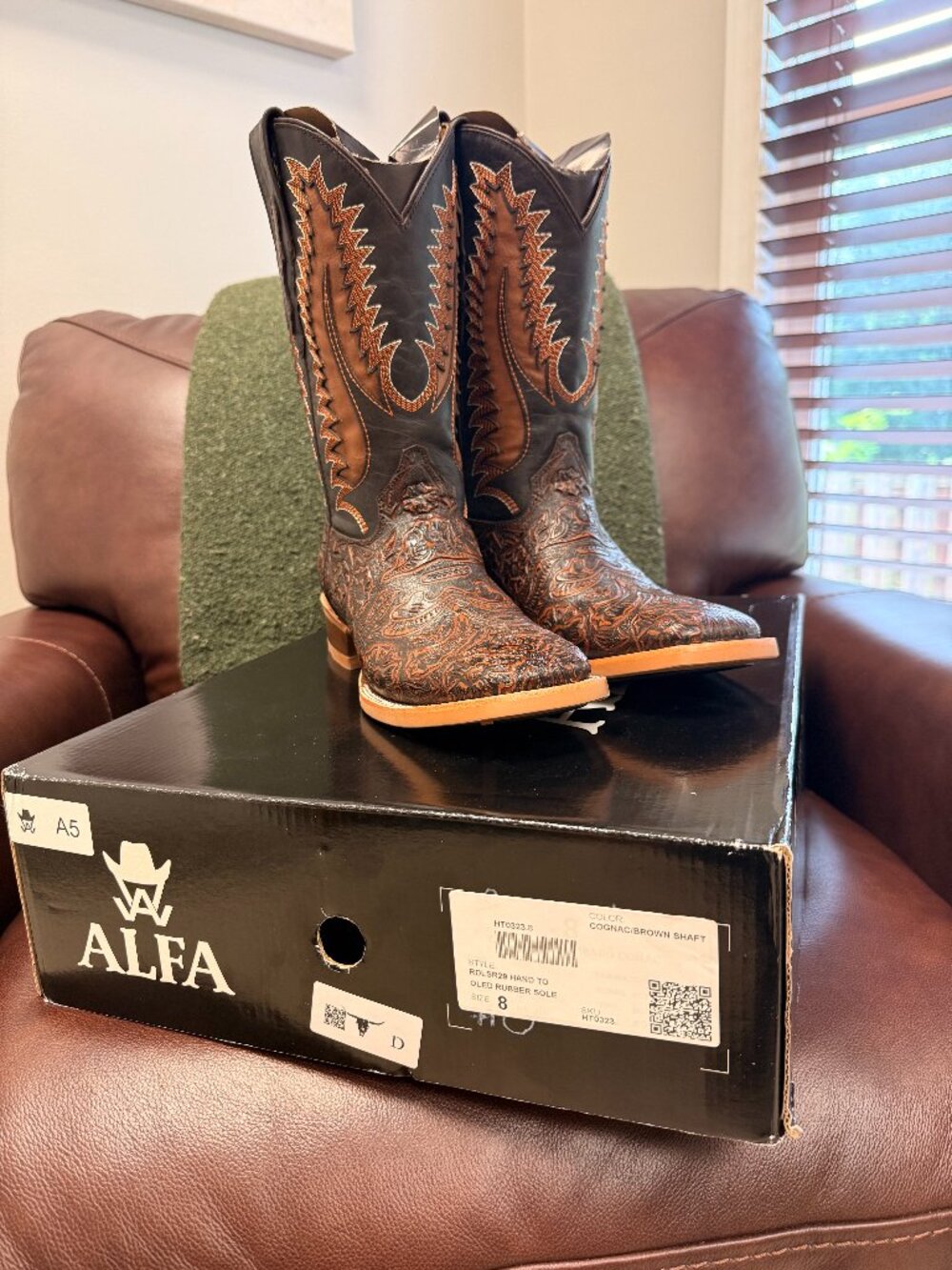 Alfa Hand Tooled Cowboy Boots Men’s 8D Brown Leather Square Toe NEW IN ORIG. BOX